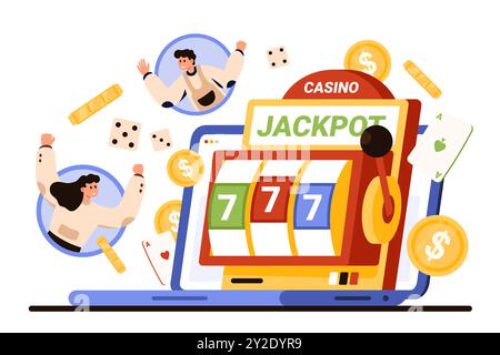 Gioco di casinò online, jackpot 777 nella slot machine. Le persone più piccole celebrano le sette fortunate sullo schermo del laptop, i dadi di gioco, le carte da poker e le patatine per vincere monete d'oro da soldi, illustrazioni vettoriali dei cartoni animati Illustrazione Vettoriale
