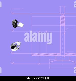 Due persone che tengono in mano gli appunti, controllano il piano dell'edificio, sullo sfondo viola. Ispezione collaborativa e revisione del progetto. Contemporaneo Foto Stock