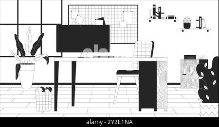 Postazione di lavoro in ufficio con illustrazione con linea bianca e nera del computer Illustrazione Vettoriale