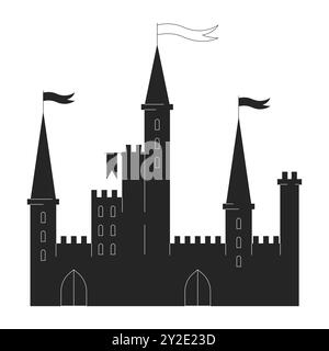 Castello medievale con bandiere in bianco e nero oggetto cartoni animati a linee 2D. Illustrazione Vettoriale