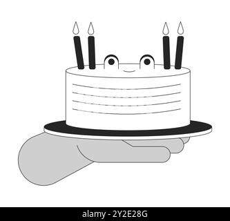 Torta di compleanno con il volto di rana che regge il cartone animato mano umana illustrazione del contorno Illustrazione Vettoriale