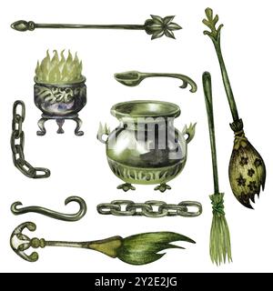 Set Halloween verde monocromatico con calderone metallico, fuoco in vaso, scopa da strega, catene e gancio. modello di illustrazione acquerello per inviti, me Foto Stock