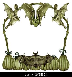 Cornice verde di Halloween con zucche, rami spinosi, pipistrelli attaccanti e volanti. Modello di illustrazione monocromatica ad acquerello per inviti, menu, a. Foto Stock