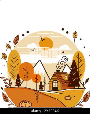 Paesaggio vettoriale autunnale con colori arancio e giallo. Accogliente illustrazione con casa in legno, alberi e cielo autunnale. Illustrazione Vettoriale