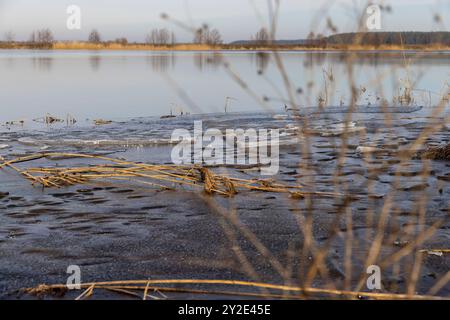 Acqua di lago fangosa in inverno senza neve, lago ghiacciato con onde all'esterno alla fine dell'inverno in Europa Foto Stock