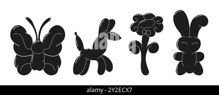 bollicine, tra cui un cane, un fiore, una farfalla e un coniglio, il tutto in uno stile Y2K retrò alla moda. Illustrazione Vettoriale