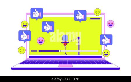 Il concetto di illustrazione lineare 2D in live streaming del notebook con il microfono vlogging Illustrazione Vettoriale