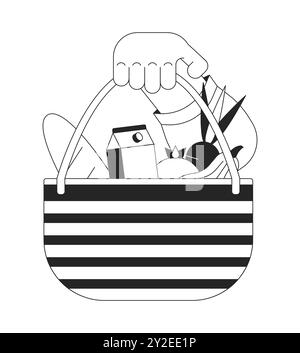 Mostra un cestino pieno di prodotti illustrazioni del profilo umano del cartone animato Illustrazione Vettoriale