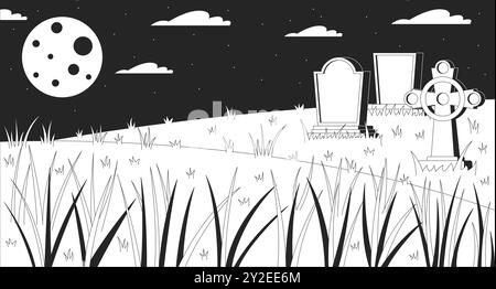 Il vecchio cimitero a luna piena delinea lo sfondo dei cartoni animati 2D. Illustrazione Vettoriale