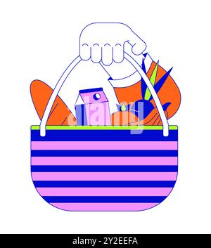 Mostra il cestino pieno di prodotti illustrazioni a mano di personaggi di cartoni animati lineari Illustrazione Vettoriale