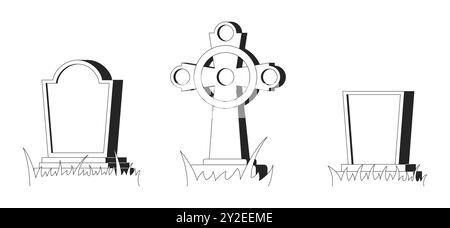 Antiche lapidi in bianco e nero, set di oggetti cartoni animati 2D. Illustrazione Vettoriale