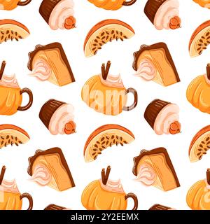 Motivo vettoriale senza cuciture con vari dolcetti di zucca per torta, cupcake e latte di spezie di zucca. Design per l'autunno o il Ringraziamento, avvolgimento Illustrazione Vettoriale
