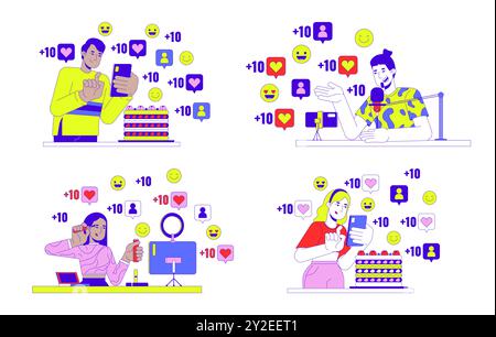 Influencer marketing - Concept di illustrazione lineare 2D. Illustrazione Vettoriale