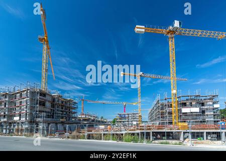 Grande cantiere con diverse gru, fondazioni ed edifici Foto Stock