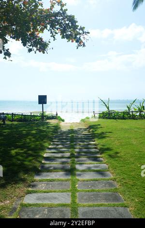 Soleggiato sentiero della spiaggia che conduce all'Oceano, incorniciato da lussureggiante vegetazione e da un limpido cielo blu. Questa invitante scena cattura un affascinante Sentiero in pietra Foto Stock