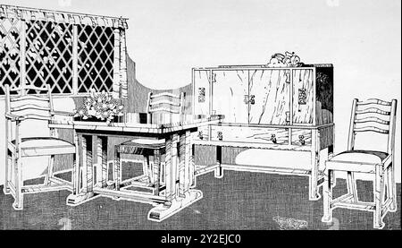 Una suite da pranzo realizzata da artigiani di High Wycombe. Disegno della linea. Da un opuscolo per il Red Lion Hotel, High Wycombe, Buckinghamshire, Inghilterra. Non datato ma alla fine degli anni '1930: Si basa su note storiche, stili e numeri di telefono a tre cifre. All'epoca l'hotel era di proprietà di "Mogford's". Foto Stock