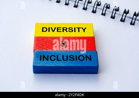 Testo di diversità e inclusione su blocchi di legno multicolore. Coltivare il concetto D e i. Foto Stock