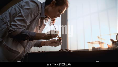 Scienziata o archeologa donna pulisce le ossa con un pennello, studia resti di scheletro umano preistorico o predatore. Raccolta di fossili in laboratorio archeologico avanzato. Luce del tramonto. Movimento lento. Foto Stock