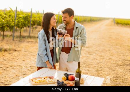 La coppia si rilassa ad un tavolo rustico in un vigneto illuminato dal sole, gustando vino e spuntini gourmet. Condividono risate e gioia, circondati da vigne lussureggianti e il Foto Stock