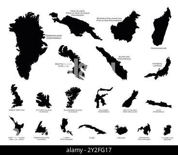 Mappe nere delle venti isole più grandi del mondo Foto Stock