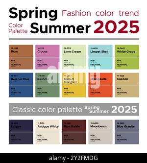 Moda tendenze di colore Primavera Estate 2025. Guida ai colori della moda della tavolozza con campioni di colore con nome, RGB, colori ESADECIMALI Illustrazione Vettoriale