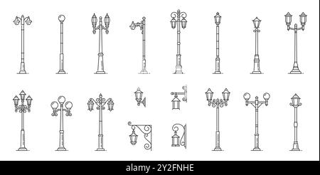 Illuminazione stradale, lampione, lanterne a colonna, set vettoriale di icone di linea con impianti di illuminazione pubblica tradizionali e moderni. Elementi architettonici di illuminazione per esterni, lampioni urbani monocromatici lineari Illustrazione Vettoriale