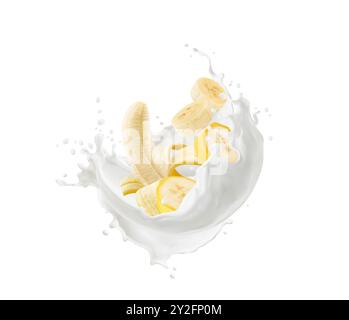 Frutta alla banana e yogurt al latte realistico spruzzano un'onda di vortice. bevanda a base di latte alla banana vettoriale 3d o yogurt con spruzzi cremosi. Prodotto lattiero-caseario con l'essenza di frutta tropicale matura e gocce dinamiche Illustrazione Vettoriale