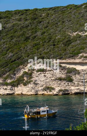 Piccola barca da pesca che arriva a Port de Bonifacio, Corscia - porto di Bonifacio Foto Stock