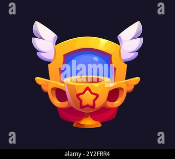 Distintivo premio rango corse automobilistiche e automobilistiche. Trofeo vettoriale cartoni animati con ali, coppa d'oro e emblema a stella che rappresentano il successo, la conquista e il riconoscimento in campi competitivi come il gaming Motorsport Illustrazione Vettoriale