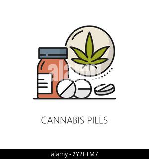 Le pillole di cannabis medica colorano l'icona della linea sottile. Marijuana naturale fattoria simbolo linea sottile, pianta CBD medica o medicina negozio di erbe infestanti pittogramma vettoriale lineare o icona con barattolo o bottiglia di pillola Illustrazione Vettoriale