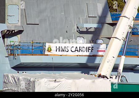 Glasgow, Scozia, Regno Unito. 10 settembre 2024. La HMS Cardiff e la nave gemella HMS Glasgow sono insieme per la prima volta, poiché sono finite al cantiere BAE systemds scotstoun in città. Questa è la hms cardiff. Credit Gerard Ferry/Alamy Live Foto Stock