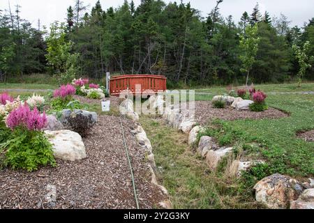 Ponte e fiori estivi al parco comunale Cranford Family a New Harbour, Newfoundland & Labrador, Canada Foto Stock