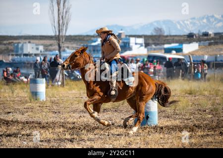 Gaucho (donna) a cavallo nei giochi di abilità creoli. Argentina Foto Stock