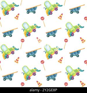 Camion verde, carriole blu, coni stradali a strisce e segnali stradali rossi. Motivo senza cuciture, clipart acquerello, stile cartone animato. Perfetto per inviti alla baby shower, scrapbooking e tessuti per bambini Foto Stock