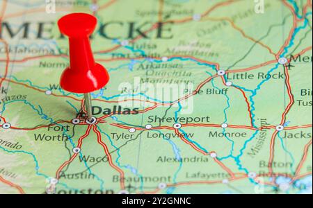 Dallas Texas pin sulla mappa Foto Stock