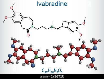 Molecola di ivabradina. E' un farmaco per l'angina pectoris. Formula chimica strutturale e modello molecolare. Vettore Illustrazione Vettoriale