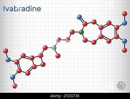 Molecola di ivabradina. E' un farmaco per l'angina pectoris. Modello molecolare. Foglio di carta in gabbia. Vettore Illustrazione Vettoriale