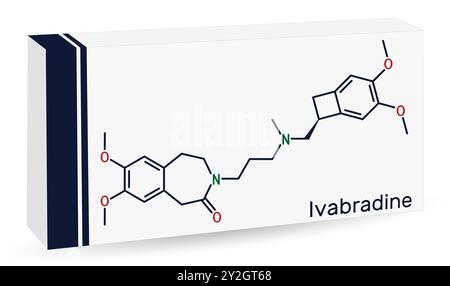 Molecola di ivabradina. E' un farmaco per l'angina pectoris. Formula chimica scheletrica. Imballaggio di carta per farmaci. Vettore Illustrazione Vettoriale