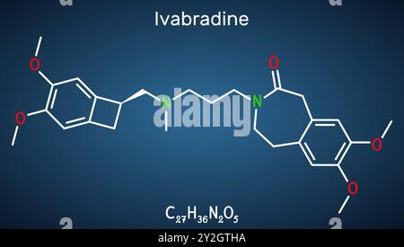 Molecola di ivabradina. E' un farmaco per l'angina pectoris. Formula chimica strutturale, sfondo blu scuro. Vettore Illustrazione Vettoriale