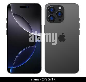 IPhone 16 pro max mockup. Lato anteriore e posteriore del telefono. iphone Deep Black Titanium Mock-up Screen. Alta qualità. Presentazione ufficiale. Editoriale. Illustrazione Vettoriale