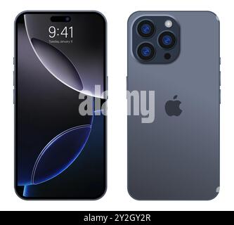 IPhone 16 pro max mockup. Lato anteriore e posteriore del telefono. iphone con schermo di mock-up color grigio scuro. Alta qualità. Presentazione ufficiale. Editori Illustrazione Vettoriale