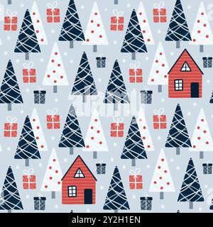 Foresta invernale scandinava senza cuciture. Anno nuovo, Natale, albero blu festivo, case rosse e regali per stampa, carta, design, tessuto, arredamento, gi Foto Stock