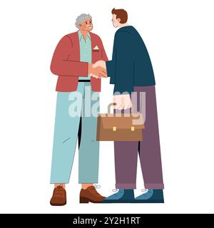 Concetto di diversità sul luogo di lavoro. Due diversi uomini d'affari stringono la mano in un saluto amichevole. Inclusione e cooperazione nelle imprese. Illustrazione vettoriale. Illustrazione Vettoriale