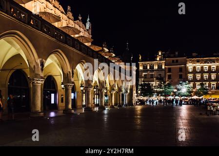 Notte vecchia area commerciale di Cracovia nelle luci dei lampioni. La vecchia Europa. Foto Stock