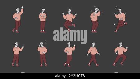 Set di personaggi per uomini d'affari. Pose ed emozioni diverse che mostrano comunicazione, presentazione e celebrazione in un ambiente di lavoro. Illustrazione vettoriale. Illustrazione Vettoriale