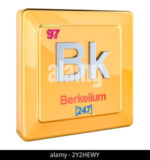 Berkelium BK, segno di elemento chimico con numero 97 in tavola periodica. Rendering 3D isolato su sfondo bianco Foto Stock