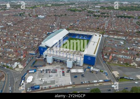 Veduta aerea del Goodison Park, sede dell'Everton Football Club, Liverpool, Regno Unito. Foto Stock