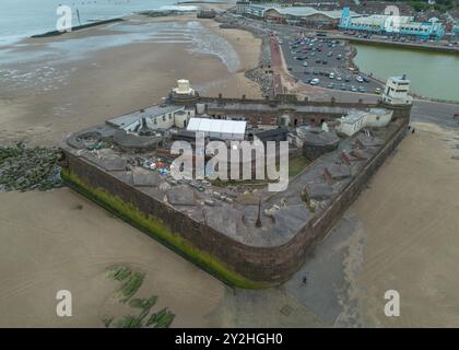 Vista aerea di Fort Perch Rock, New Brighton Beach, Wirral Peninsula, Regno Unito. Foto Stock