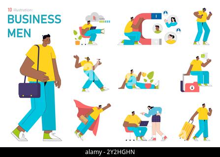 Uomini d'affari pronti. Scenari diversi, tra cui lavoro di squadra, utilizzo della tecnologia e viaggi. Moderna vita aziendale in posizioni colorate e dinamiche. Illustrazione vettoriale. Illustrazione Vettoriale