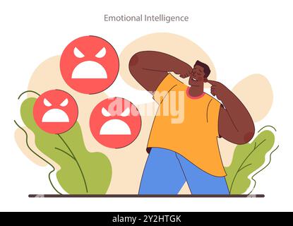 Capacità di adattamento e flessibilità dei caratteri. Dipendente con intelligenza emotiva. Equilibrio e controllo delle emozioni. EQ, profonda comprensione delle emozioni e dell'empatia. Illustrazione vettoriale piatta Illustrazione Vettoriale